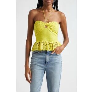Alice + Olivia Halter Eyelet Peplum Crop Top Happy Yellow